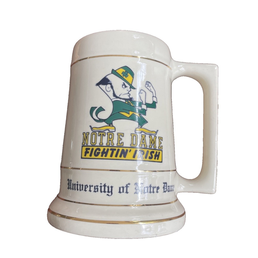 Vintage University of Notre Dame Fightin' Irish Ceramic Beer Mug Stein Gold Trim